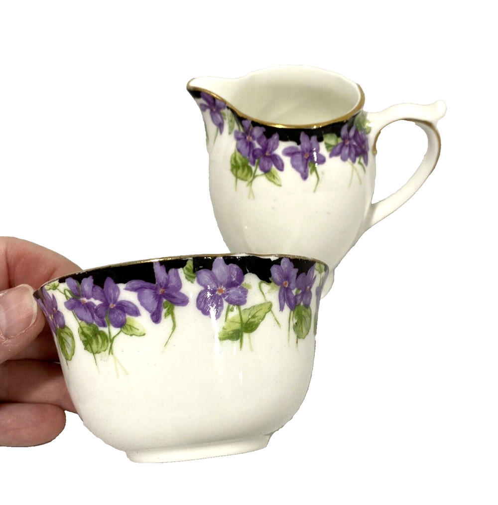 Royal Doulton Open Sugar Bowl & Creamer Violets Motif Set Made in England 1930